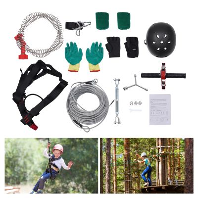 WDZCZDoo 120FT Zip line Kits for Backyard, Kids Zipline Kit for Children and Adult Up to 330lb with Stainless Steel Ziplines Spring Brake and Safety Harness & Helmet (120ft - Black, Silver, Red)