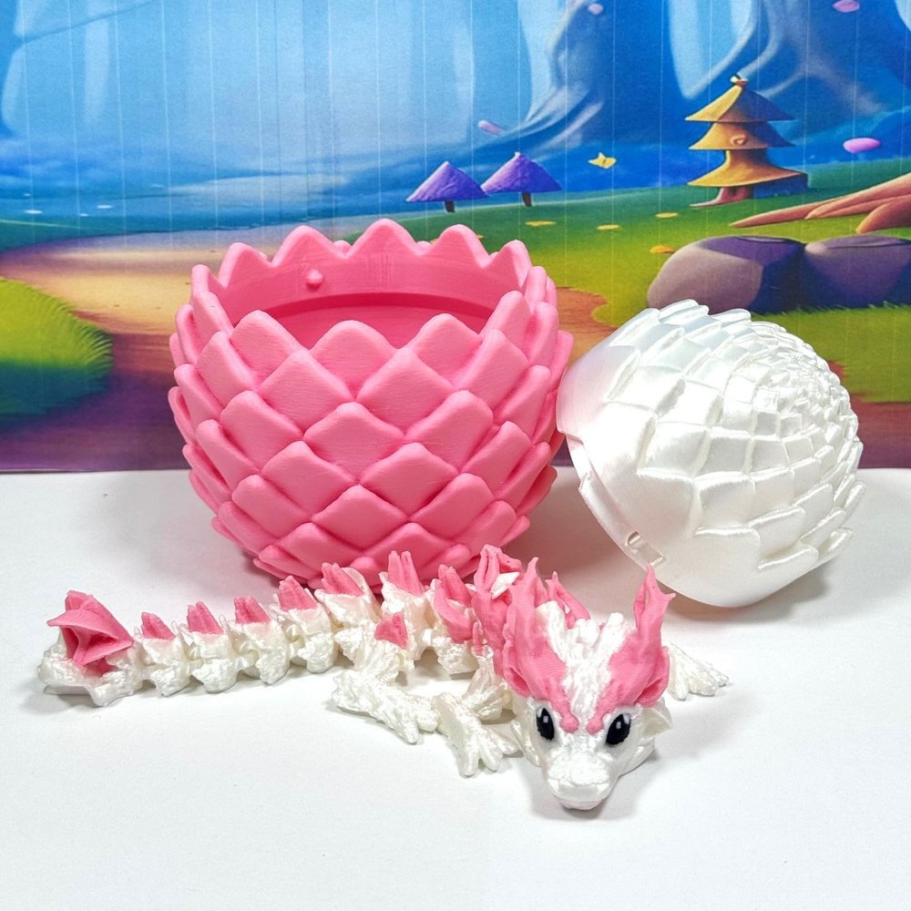 3D Printed Baby Dragon with Egg, 6" White and Pink Woodland Baby Dragon, Articulated Fidget ADHD Autism Toy BD007WP-WOO-PWE