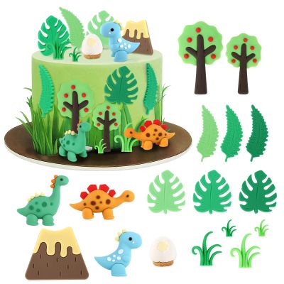 17 Pieces Dinosaur Cake Decoration with Baby Cute Dinosaur Cupcake Picks Egg Leaves Trees Cupcake Toppers for Kids Dino Theme Party Baby Shower Birthday Party Decoration Supplies