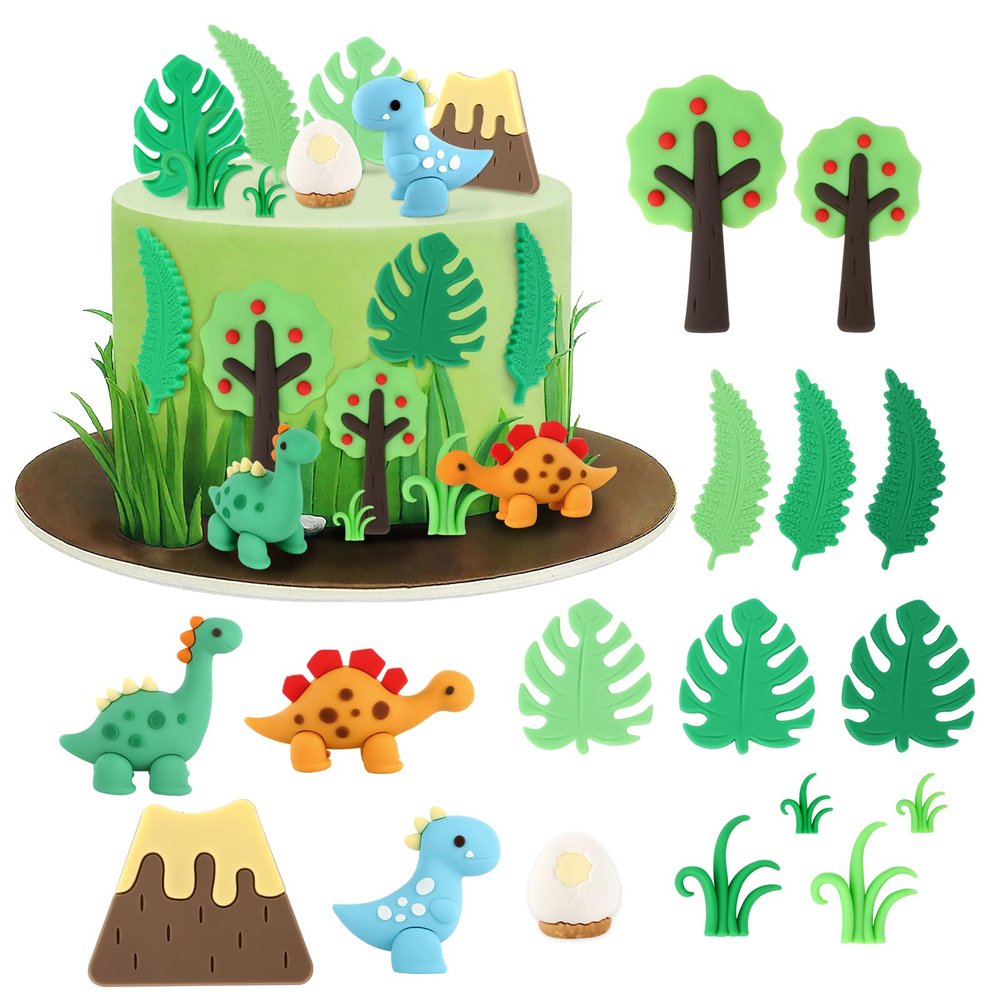 17 Pieces Dinosaur Cake Decoration with Baby Cute Dinosaur Cupcake Picks Egg Leaves Trees Cupcake Toppers for Kids Dino Theme Party Baby Shower Birthday Party Decoration Supplies