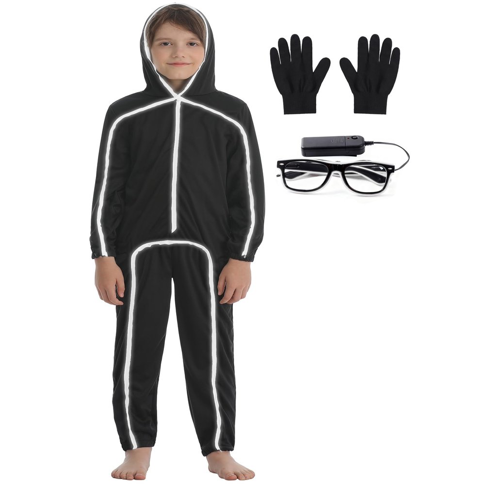 Bloremed Stick Figure Costume Kids Stickman Jumpsuit with Light up Glasses Halloween Glow in the Dark Outfits for Boys Girls (White, X-Large(11-12 Years))