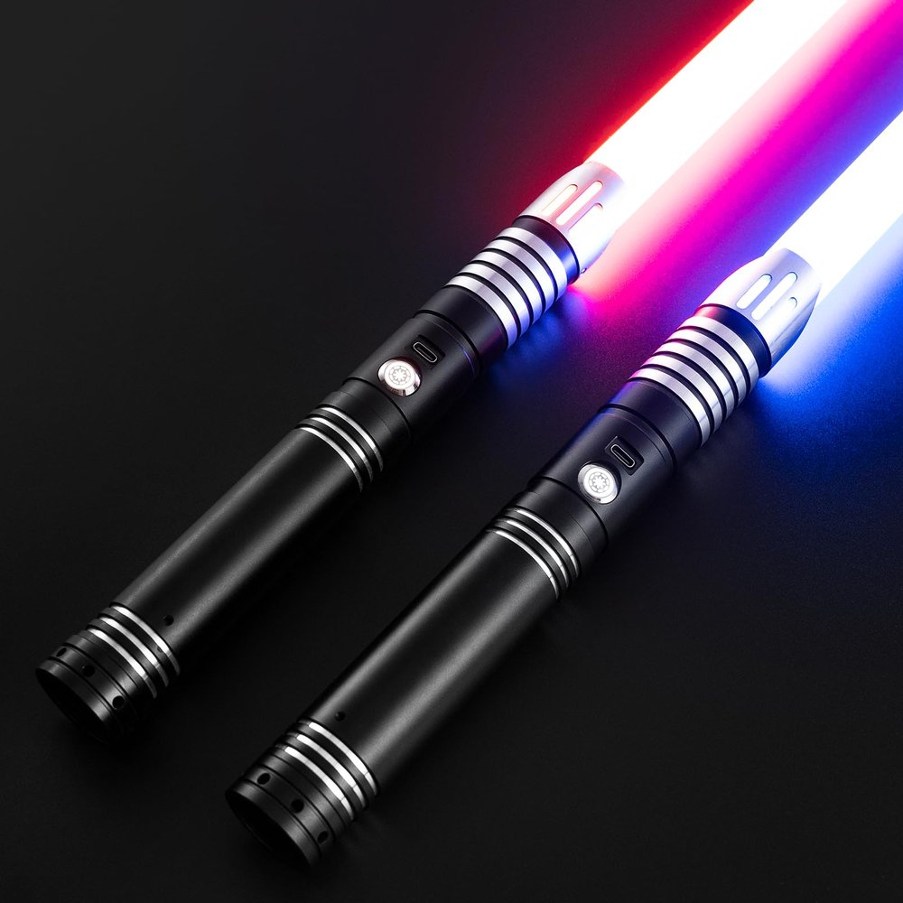 DAMIENSABER 2 Pack 4 Sound Fonts Light Saber, Heavy Dueling RGB Baselit Light Sabers 12 Colors Changing, Volume Adjustable Metal Hilt Light Saber, Black- Not APP Version