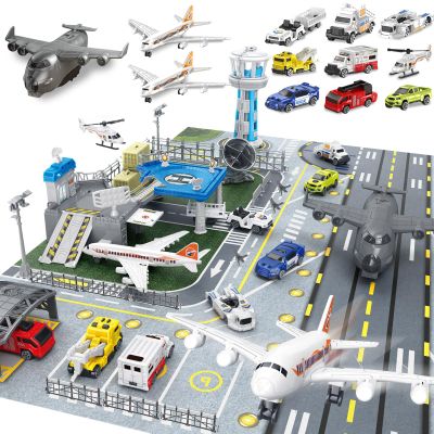 Frontoytall Airplane Toy Set, Boys Plane Playset with Die-cast Trucks, Helicopter, Control Tower, Parking Apron and Airport Playmat, Gifts for Toddler 3+ Years Old, Kids Presents for Birthday