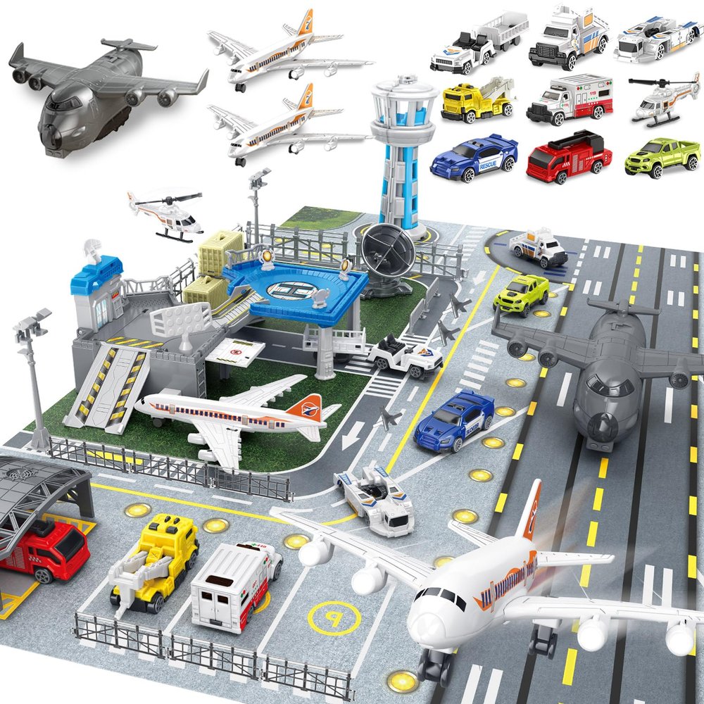 Frontoytall Airplane Toy Set, Boys Plane Playset with Die-cast Trucks, Helicopter, Control Tower, Parking Apron and Airport Playmat, Gifts for Toddler 3+ Years Old, Kids Presents for Birthday