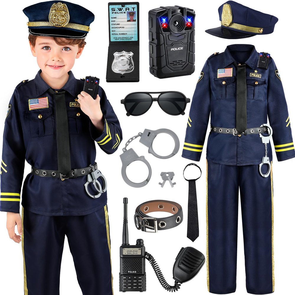Joycover Police Costume for Kids, Police Officer Costume for Boys & Girls with Uniform and Accessories, Halloween Costumes for Kids Boys, Toddler Dress Up Cop Outfit Set for Halloween Career Day M