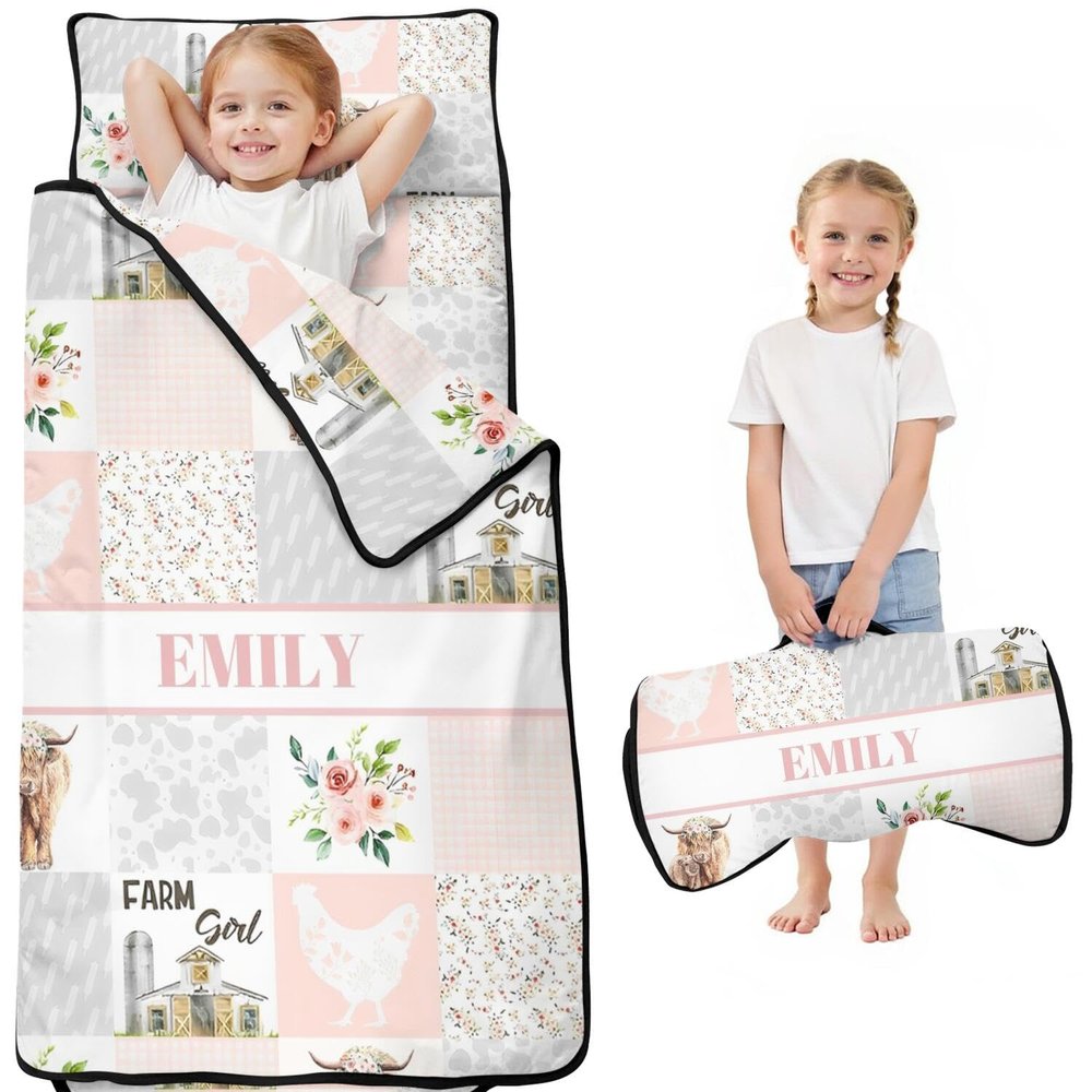 Personalized Toddler Nap Mat with Name Custom Cute HighlandCowBag Sleeping Bag with Pillow & Blanket for Gitls Boys Ideal Slumber Bags for Daycare, Preschool & Kindergarten