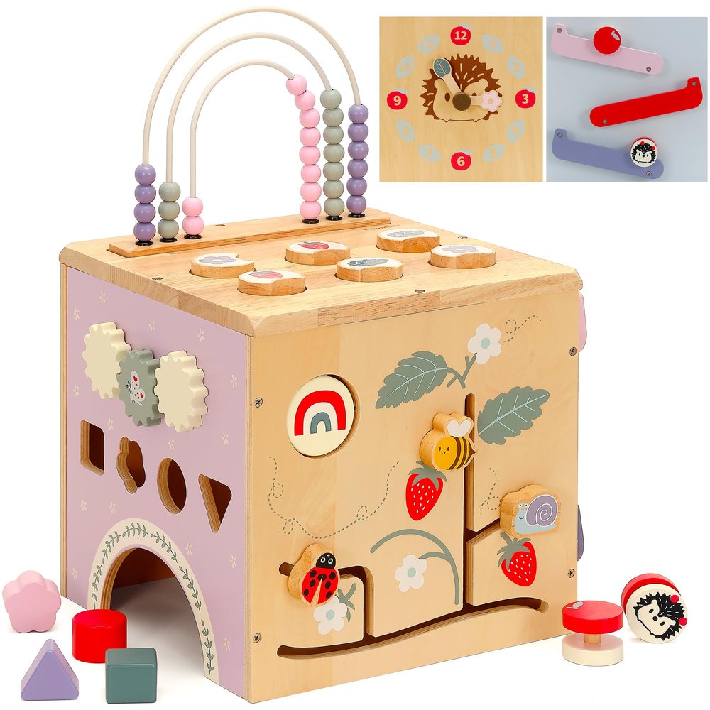 Pillowhale 8-in-1 Wooden Activity Cube for Toddlers 13, Montessori Learning Toy with Bead Maze, Shape Sorter, Sliding Tracks & Clock, Educational Play Cube for Baby 12M+