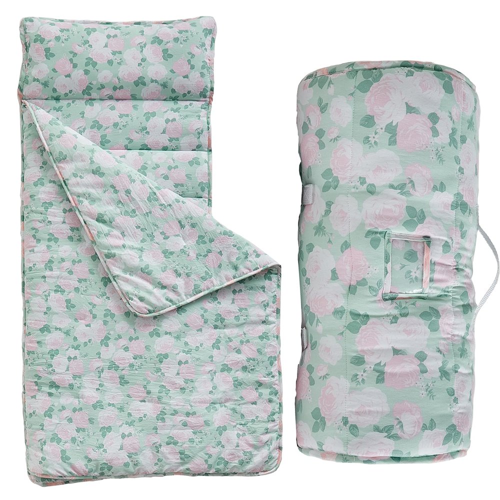 Toddler Nap Mat with Pillow and Blanket,Soft Slumber Bags for Girls,Kids Sleeping Bags with Roll Up Design,Purple Floral Nap Mats for Preschool,Daycare,Kindergarten,Fits Ages 3-6 Years-Green