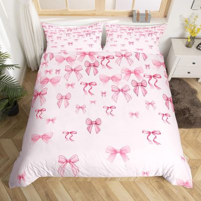 jejeloiu Pink Bowknot Duvet Cover for Girls Bow Bedding Set Toddler Size Kids Girly Princess Style Comforter Cover Aesthetic Coquette Decor Breathable Soft Lightweight Microfiber 2Pcs