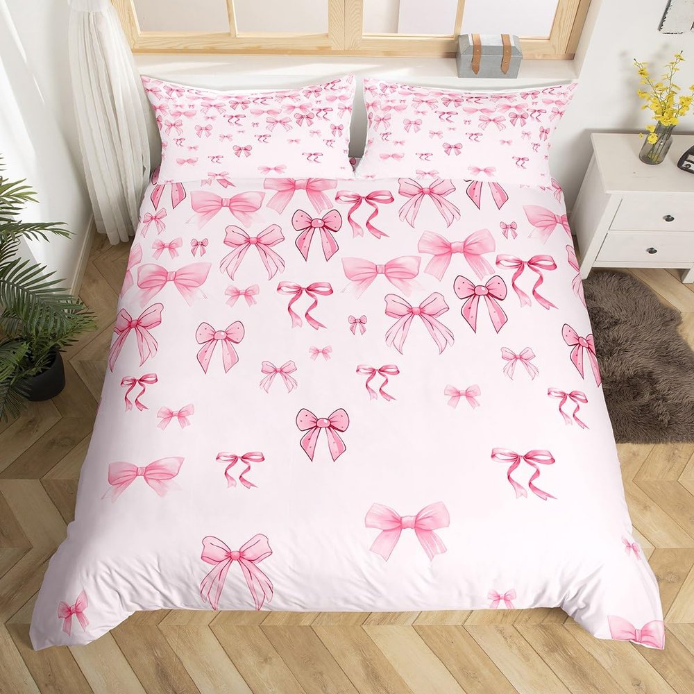 jejeloiu Pink Bowknot Duvet Cover for Girls Bow Bedding Set Toddler Size Kids Girly Princess Style Comforter Cover Aesthetic Coquette Decor Breathable Soft Lightweight Microfiber 2Pcs