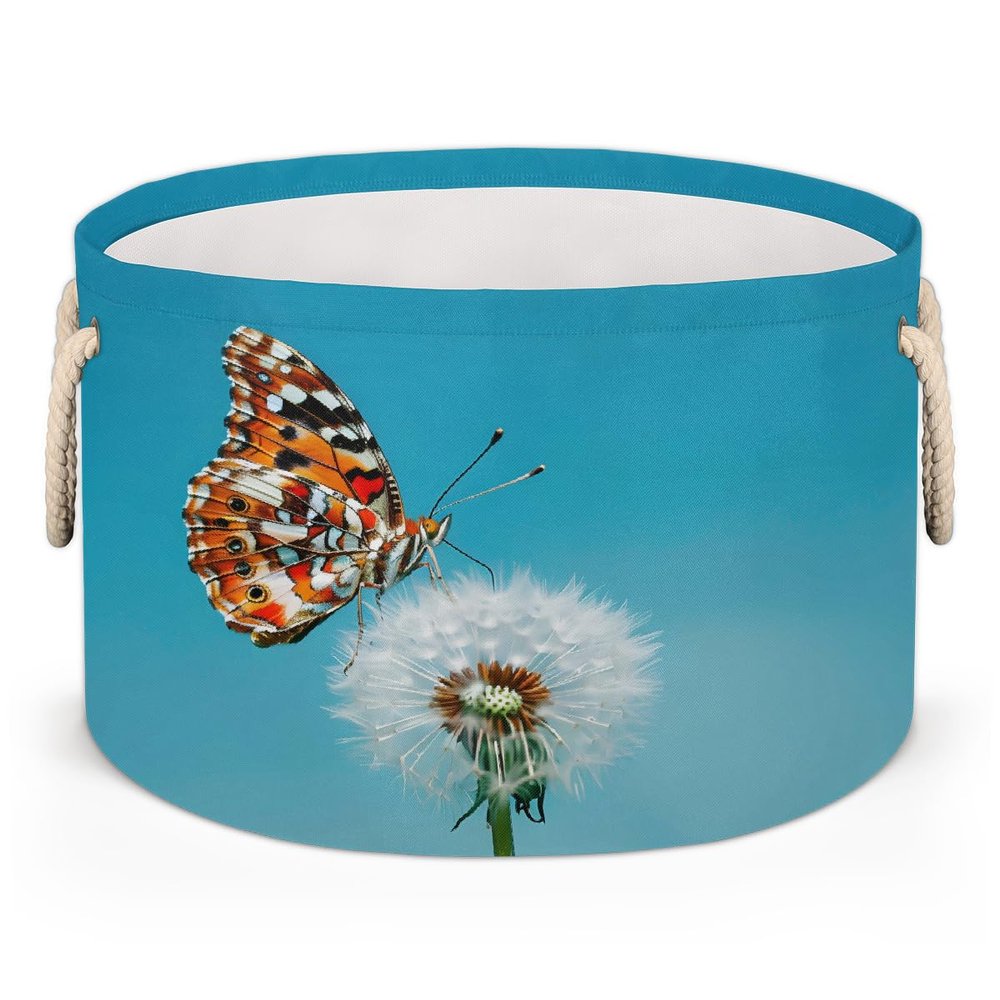 Large Collapsible Blanket Storage Basket for Gifts Empty, Butterfly Dandelion Round Fabric Laundry Hamper Basket, Baby Dog Toy Bins with Handle, Closet Organizer for Living Room(A-668)
