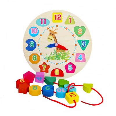 PERSELOSO Wooden Beads Clock Toy for Toddlers Educational Sorting Clock Shapes Numbers Montessori Learning Tool for Boys Girls Safe Wooden Plaything