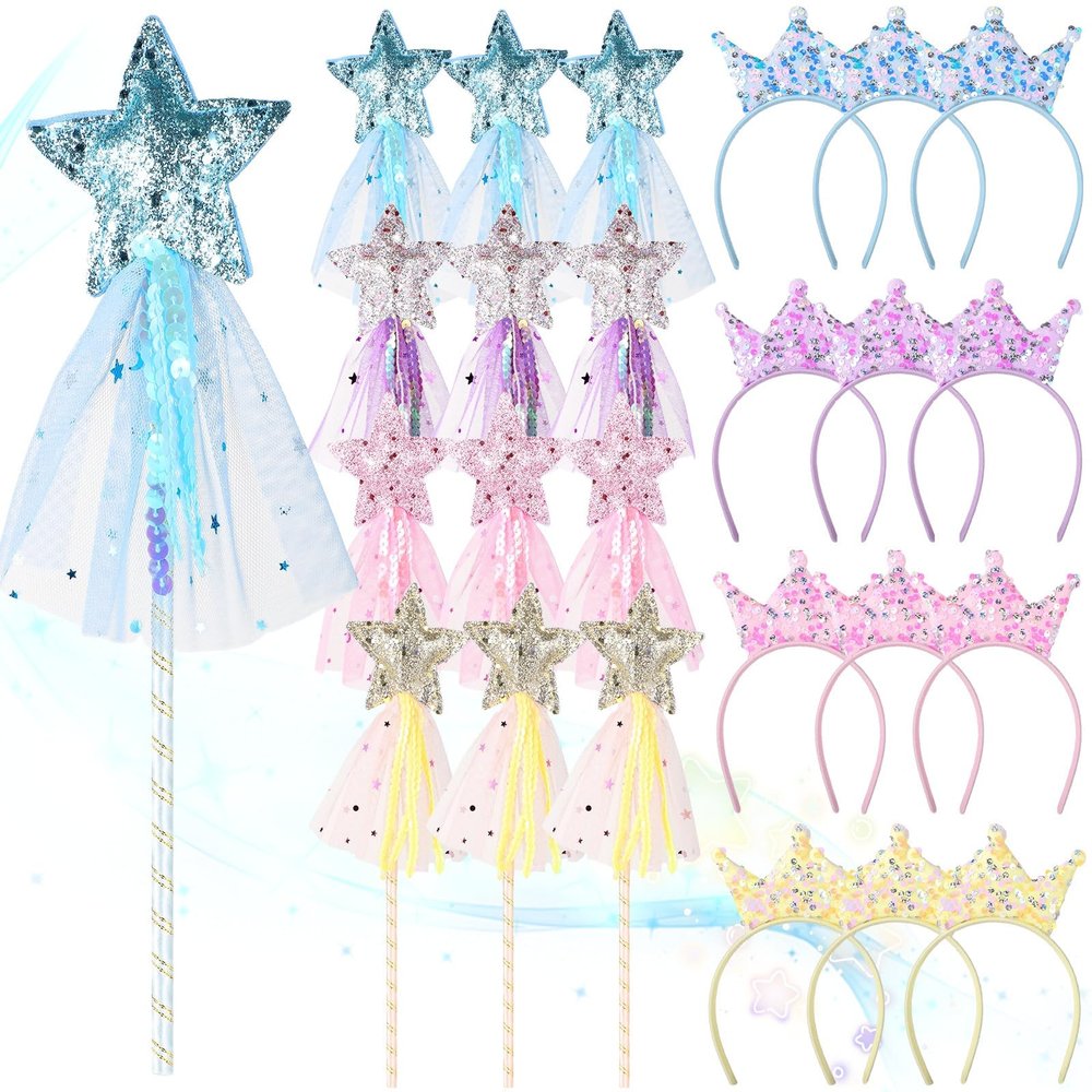24-Piece Princess Wand And Headband Set, Colorful Glitter Fairy Wands With Sequined Crowns, Dress-Up Accessories For Parties, Birthdays, Christmas, And Cosplay
