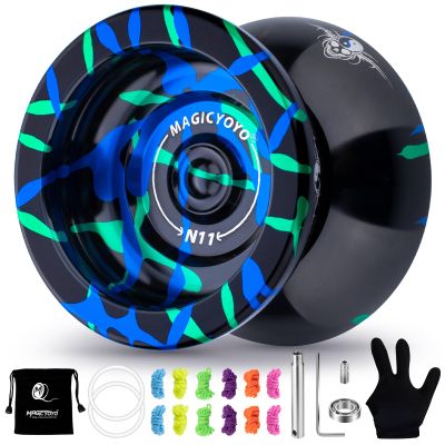 MAGICYOYO N11 Professional Unresponsive Yoyo N11 Dual Purpose Alloy Trick YoYo Ball with Bag, Glove, 12 Strings and Responsive Bearing Kit (Black Blue Green)