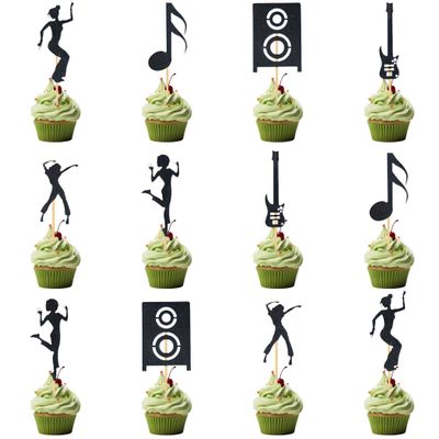 12 Pcs Black Glitter Music & Dance Cupcake Toppers - Musical Note, Speaker, Guitar & Dancer Silhouettes for DJ Party, Rock Star Birthday, Concert Theme Decorations