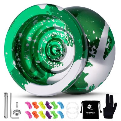 MAGICYOYO N11 Professional Unresponsive Yoyo N11 Dual Purpose Alloy Trick YoYo Ball with Bag, Glove, 12 Yoyo Strings and Responsive Bearing Kit (Dark & Light Green Silver)
