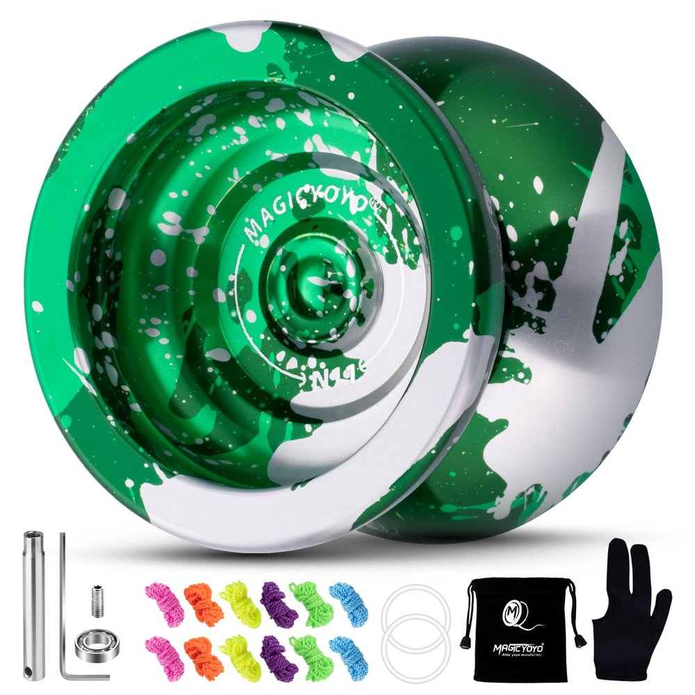 MAGICYOYO N11 Professional Unresponsive Yoyo N11 Dual Purpose Alloy Trick YoYo Ball with Bag, Glove, 12 Yoyo Strings and Responsive Bearing Kit (Dark & Light Green Silver)