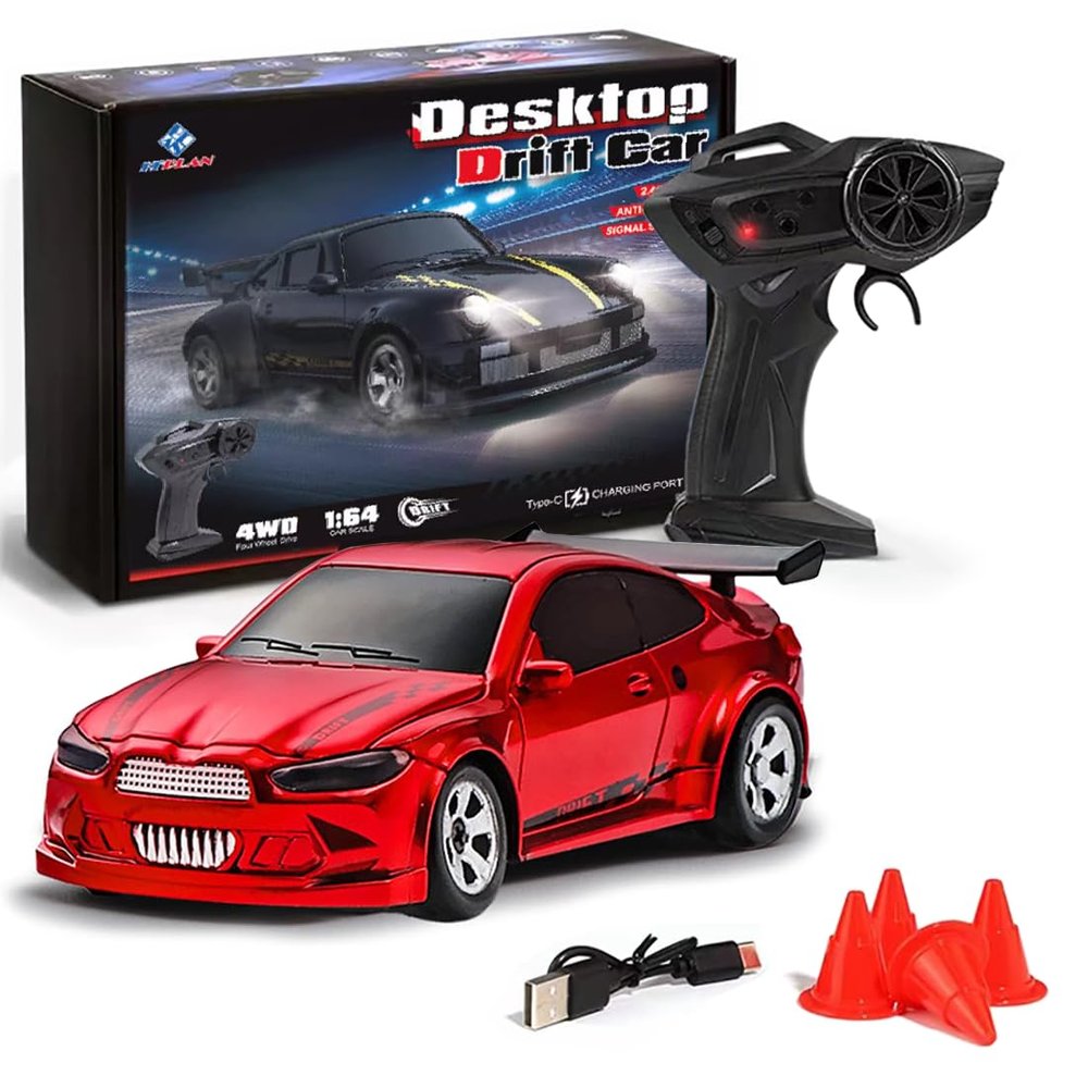 rcxperts 1/64 Scale 2.4G High Speed Drift RC Car, Remote Control Drift 4WD Mini Lights System, Desktop Drift Car for Adults (Red)