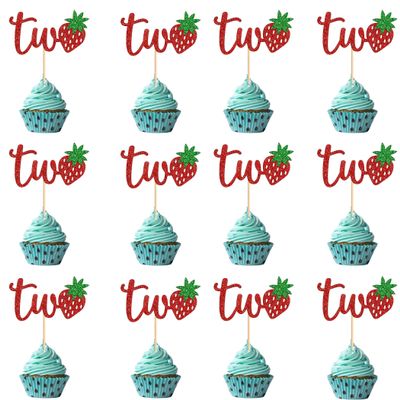 12 Pcs Red Glitter "Two" with Strawberry Cupcake Toppers - 2nd Birthday Party Decoration, Anniversary Dessert Picks, Berry Sweet Celebrations for Cakes & Appetizers