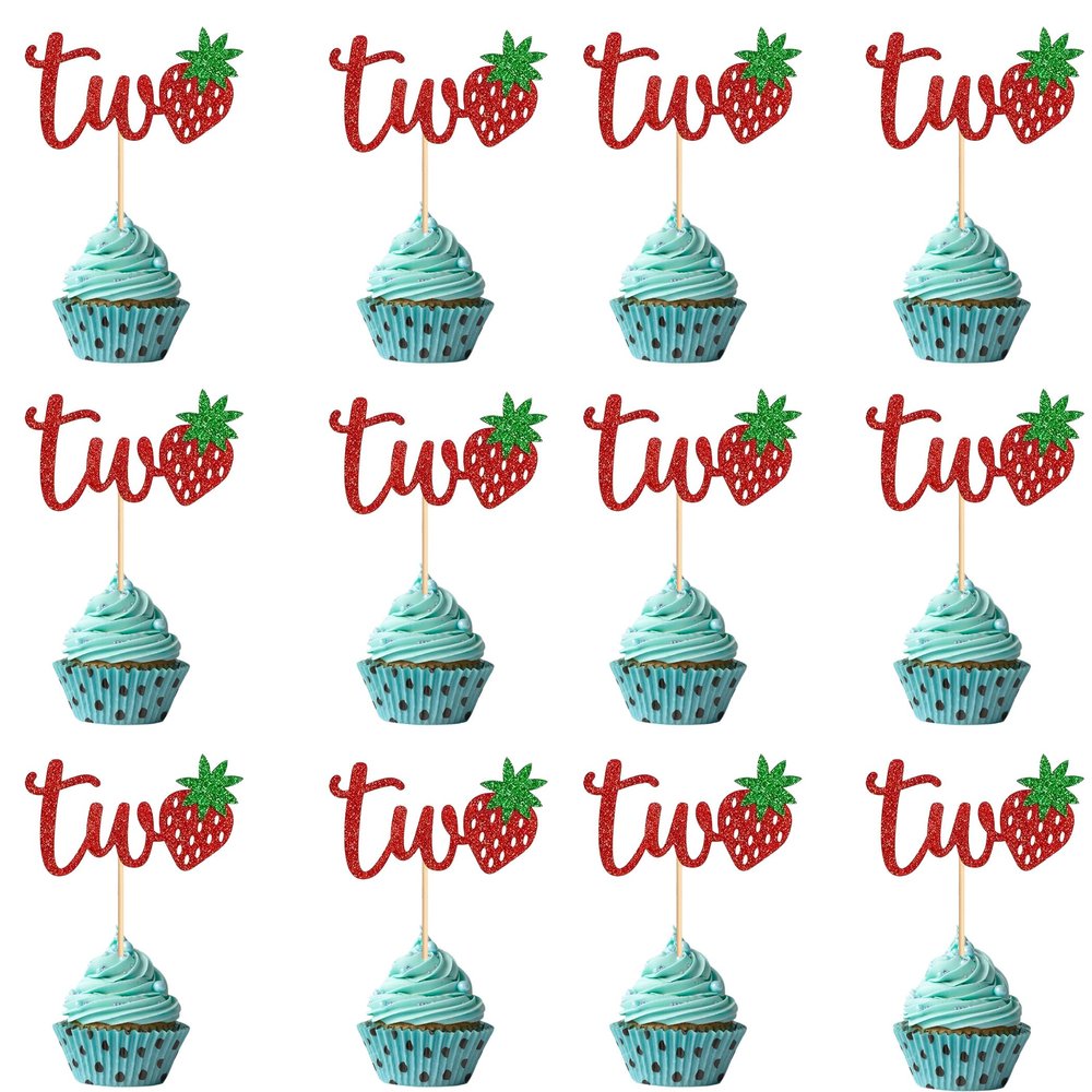 12 Pcs Red Glitter "Two" with Strawberry Cupcake Toppers - 2nd Birthday Party Decoration, Anniversary Dessert Picks, Berry Sweet Celebrations for Cakes & Appetizers