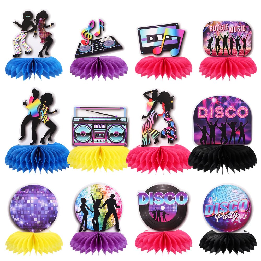 12PCS 70s Party Decorations Honeycomb Centerpieces Disco Theme Party Decorations Disco Ball Table Centerpieces for Retro Theme Birthday Music Neon Night Table Decor