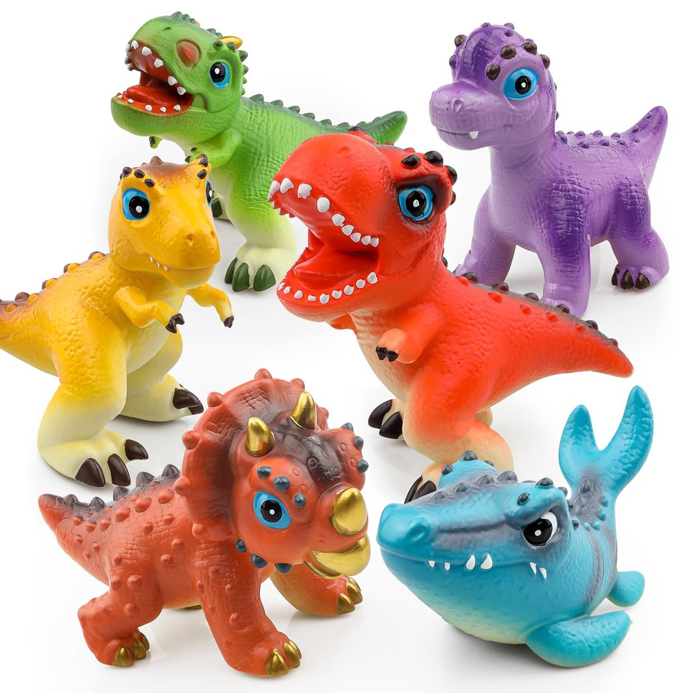 LEWAN 6-in-1 Dinosaur Toys for Kids Ages 3+  5.5 Squishy Dino Figures Gift Set  Sensory Toys for Boys & Girls  Dinosaur Adventure Crew