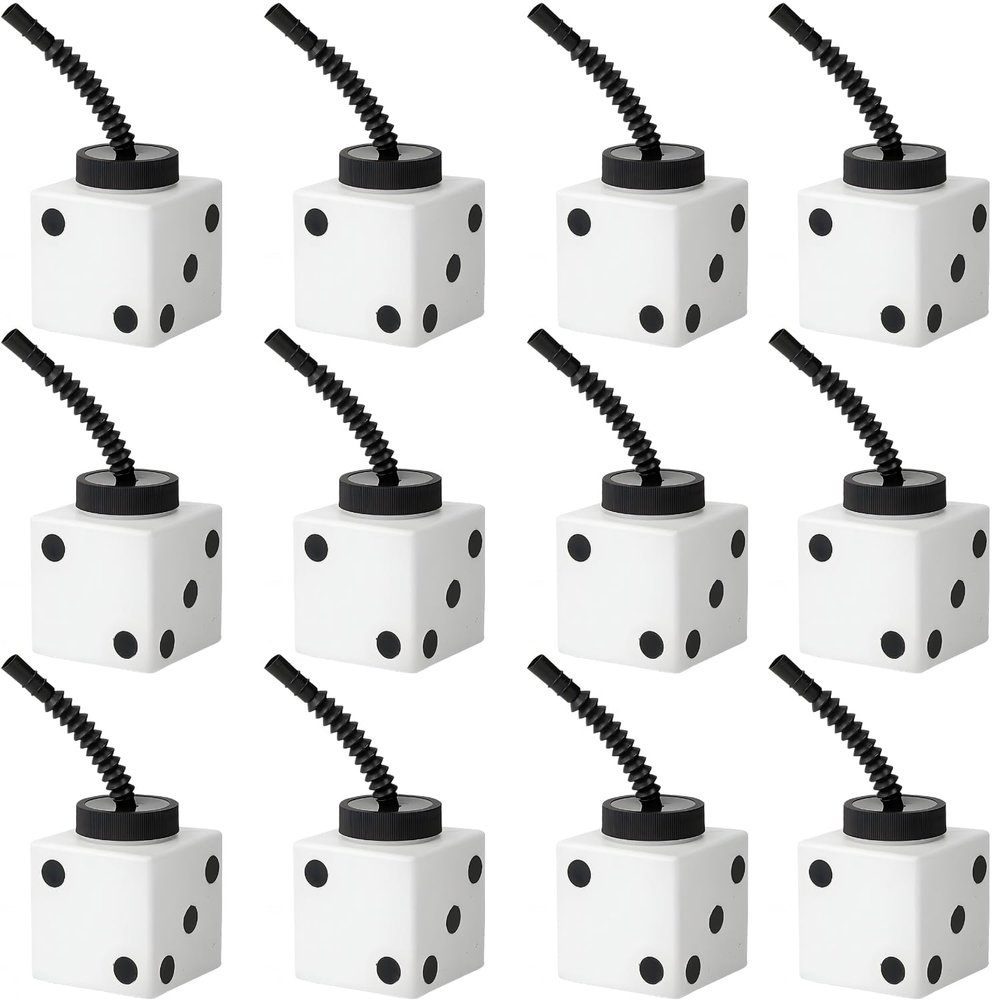 2 3/4" 10 oz. Six-Sided Dice Cups with Lids & Straws - 12 Pieces