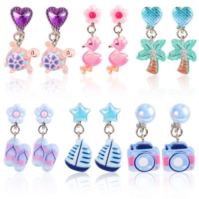 Mikovivi 6 Pairs Colorful Clip on Drop Earrings Set, Resin No Pierced Design Kids Child Dangle Earrings Cute Butterfly Ear Clips for Children Toddler Party Daily Wearing Princess Jewelry