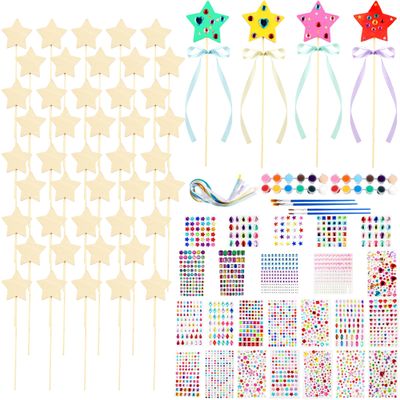 122 Pcs Unfinished Star Princess Fairy Wands Kit Make Your Own Princess Wand DIY Art Craft Magical Wand Include 48 Star Wooden Fairy Wands 24 Gem Stickers 48 Ribbons 12 Markers for Kids Party Supplies