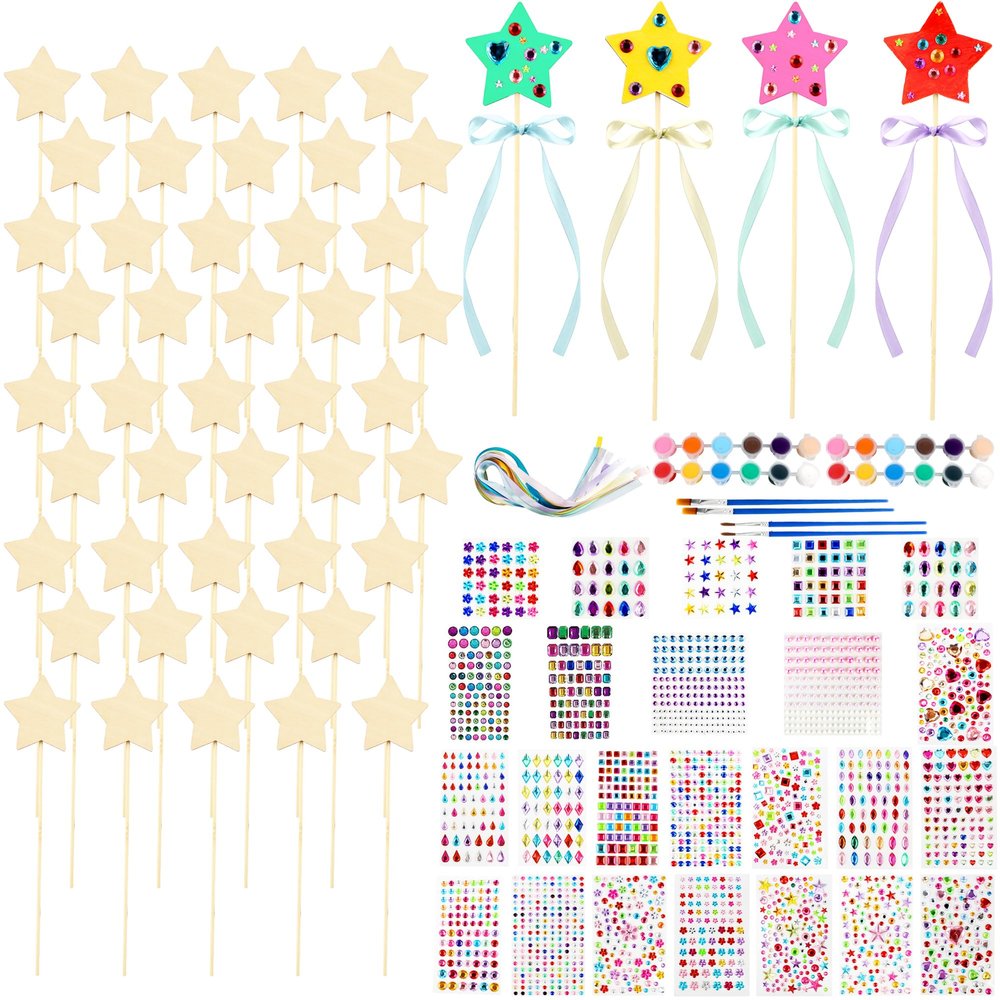 122 Pcs Unfinished Star Princess Fairy Wands Kit Make Your Own Princess Wand DIY Art Craft Magical Wand Include 48 Star Wooden Fairy Wands 24 Gem Stickers 48 Ribbons 12 Markers for Kids Party Supplies