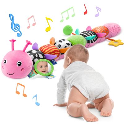 AWOTOY Baby Toys 6-12 Months Music Caterpillar Infant Toys Stuffed Animals 0-3-6 Months Teething Tummy Time Sensory Toys with Mirror Rattle&Pull String for Boys Girls Birthday Gifts|Candy Pink,Leafy