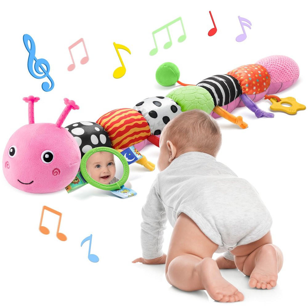 AWOTOY Baby Toys 6-12 Months Music Caterpillar Infant Toys Stuffed Animals 0-3-6 Months Teething Tummy Time Sensory Toys with Mirror Rattle&Pull String for Boys Girls Birthday Gifts|Pink,Knot Limb