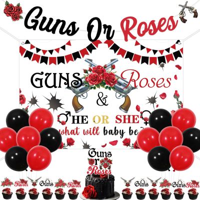 Wonmelody Guns or Roses Gender Reveal Decorations He or She What Will Baby Be Backdrop Banner Guns or Roses Cake Toppers Boy or Girl Gender Reveal Table Decors for Red and Black Baby Shower