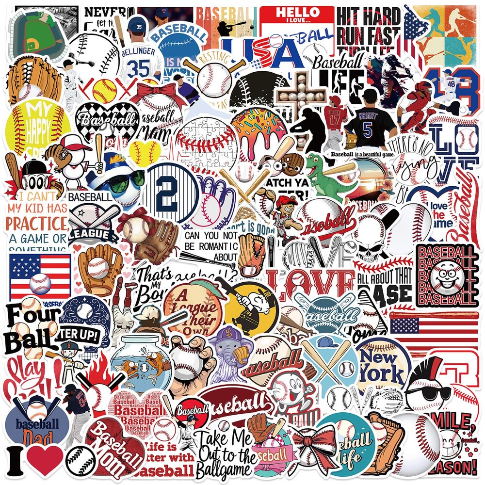 100Pcs Baseball Stickers,Waterproof Vinyl Baseball Decals for Kids Teens Boys Adults, Sports Decals for Snowboard Laptop Water Bottles Hydro Flasks Phone Case Guitar Skateboard Bicycle