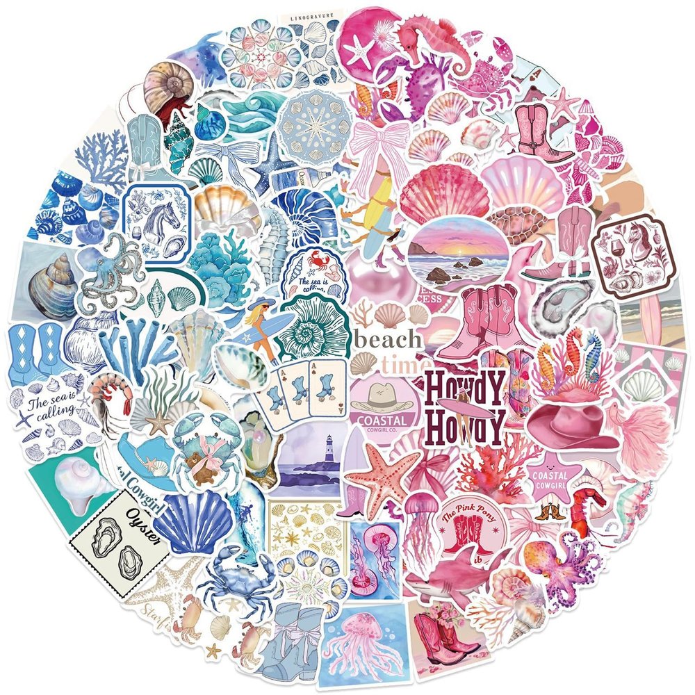 100pcs Coast Aesthetic Stickers for Girl, Cute Blue and Pink Ocean Beach Waterproof Vinyl Decal for Girl Teen Adult Student Water Bottle Laptop Phone Computer Skateboard Luggage Notebook