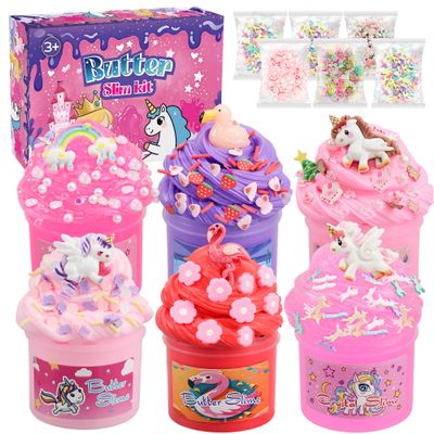 6-Pack Unicorn Slime Kit for Kids, Pink Soft Butter Slime, Stretchy, Non-Sticky Crystal Slime for Girls Ages 8-12, Birthday Gift Toys&Cute Kids Slime Party Favors for Girls 4-6