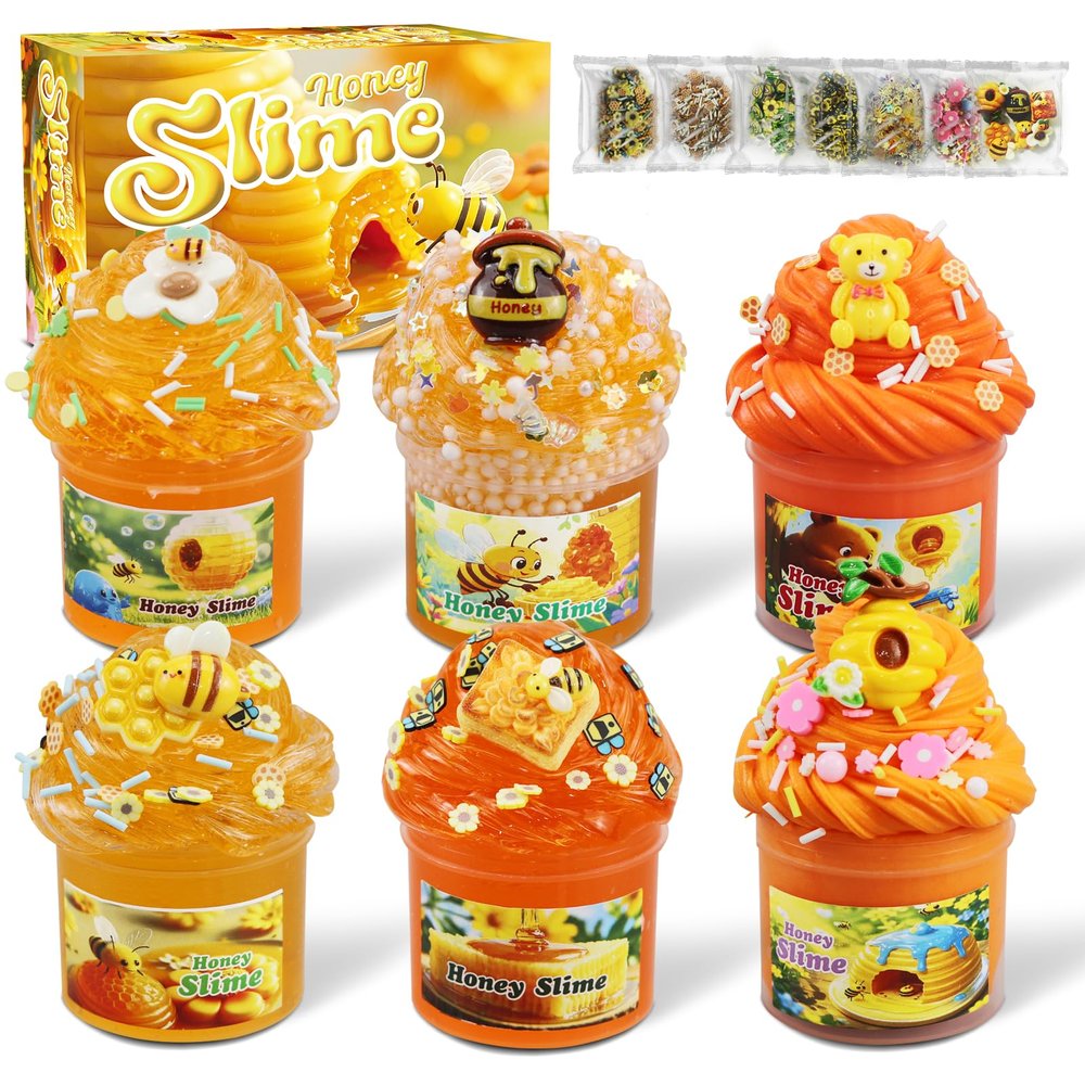 6-Pack Honey Slime Kit for Kids, Soft Butter Slime, Stretchy, Non-Sticky Crystal Slime Kit for Kids, Birthday Gift & Cute Slime Party Favors for Girls Age 3+ (Orange)