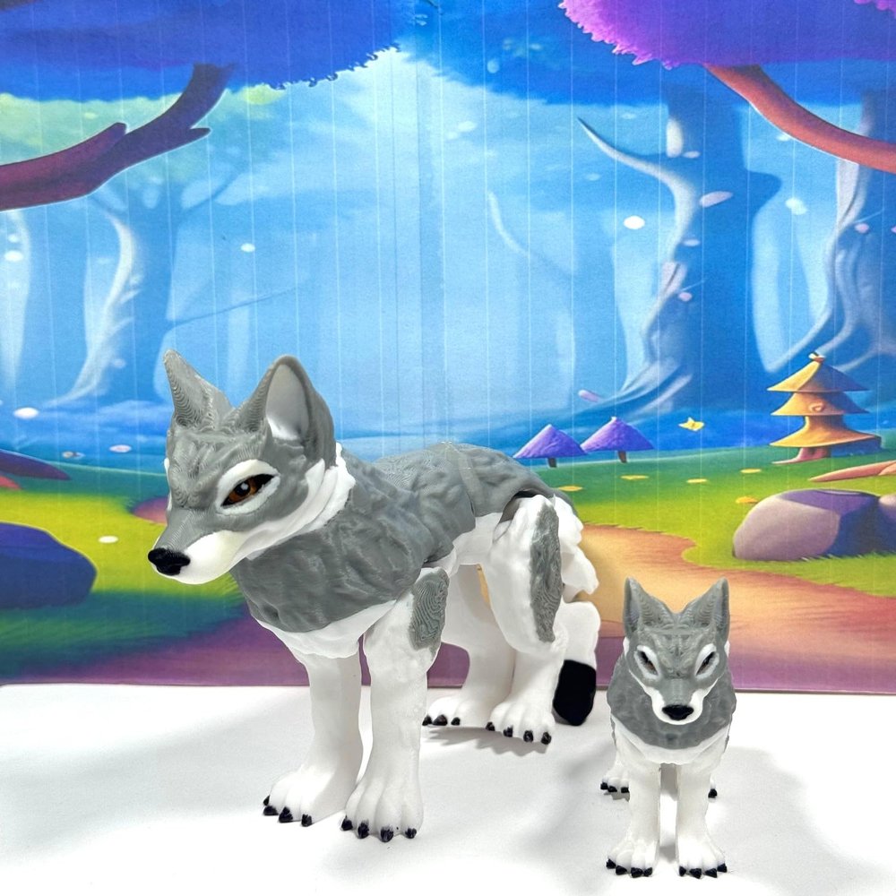 2pcs 3D Printed Wolf, White and Gray Articulated Wolf, Mother and Child Wolf Animal Toy, Fidget ADHD Autism Toy WC3002-GRAY-2x