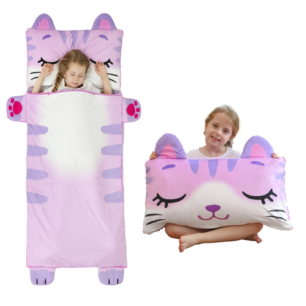 Leadtex Toddler Nap Mat for Daycare and Preschool,Kids Animal Plush Sleeping Bag Nap Mat,Cat Soft Cotton Slumber Bag and Minky Blanket for Camping.