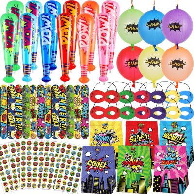 12Sets Hero Themed Super Party Favors with Inflatable Bat Paper Gift Bag Balloon Slap Bracelet Hero Eye Mask Sticker Comic Hero Theme Party Supplies for Birthday Classroom Game Activities