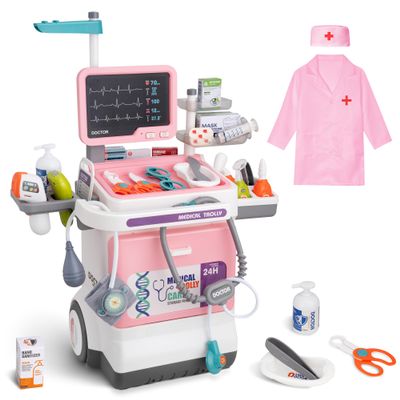 Doctor Kit for Toddlers - Deluxe Pretend Play Medical Cart Toy Set with Stethoscope ,Thermometer,Doctor Costume & Carry Bag - Educational Role Play Gift for Kids Boys & Girls Ages 3 4 5Pink