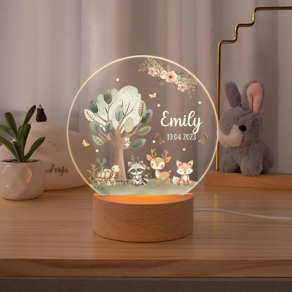 idooodle Personalized Forest Animal Night Light for Kids, Custom Name and Text Led Nightlight Nursery Decor Gift for Kids