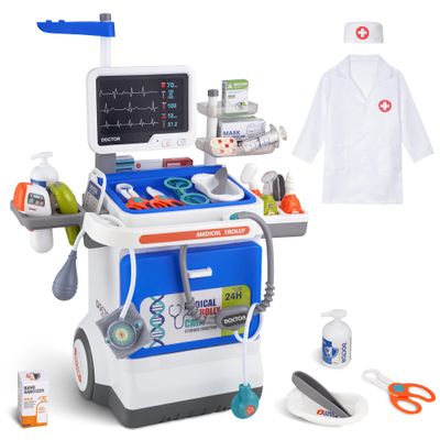 Doctor Kit for Toddlers - Deluxe Pretend Play Medical Cart Toy Set with Stethoscope ,Thermometer,Doctor Costume & Carry Bag - Educational Role Play Gift for Kids Boys & Girls Ages 3 4 5(Blue)