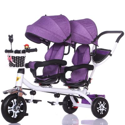 JIYIAN Twin Stroller Tricycle for Kids - Adjustable Push Bike with Parent Handle & Safety Footrests, Includes Storage Bag Safe Balance Bike for Toddlers,Purple