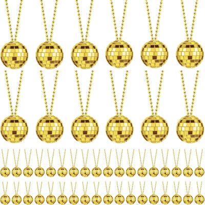 Junkin 48 Pieces Disco Necklaces Decoration Bulk Disco Mirror Ball New Year 70s Party Favors Mini Balls Decoration, 1.57 Inch Stage Props Accessories(Gold)