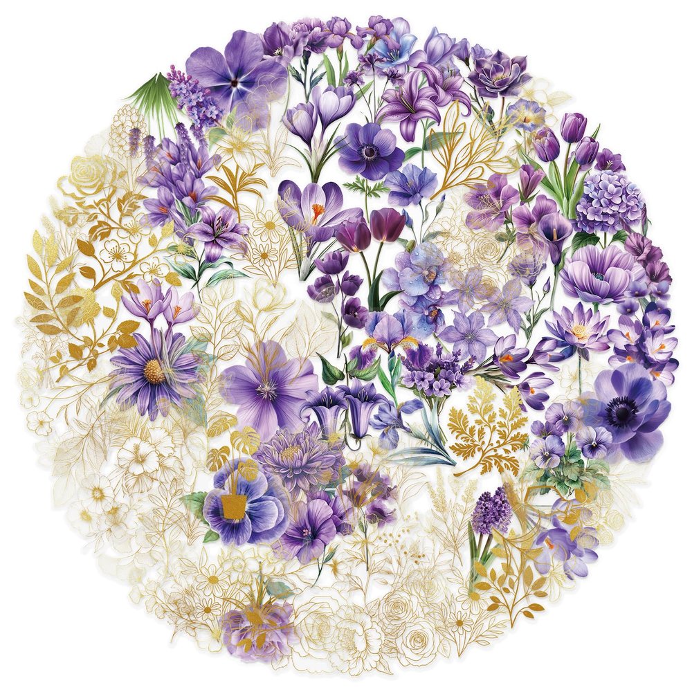 100PCS Flower Plants PET Transparent Stickers for Scrapbook Phone Cases Laptops Water Bottles Journal Notebook Bike Computer Helmet,Purple and Golden Flowers Waterproof Decal for Adult Girl Teen