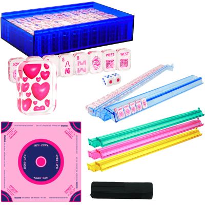 American Mahjong Game Set, 166 Premium Transparent Acrylic Pink Tiles(1.18'') with Mahjong Mat Set, 4 All-in-One Color Rack/Pushers, Mah-Jong Games Sets with Blue Storage Case, Ma Jong Tile Game