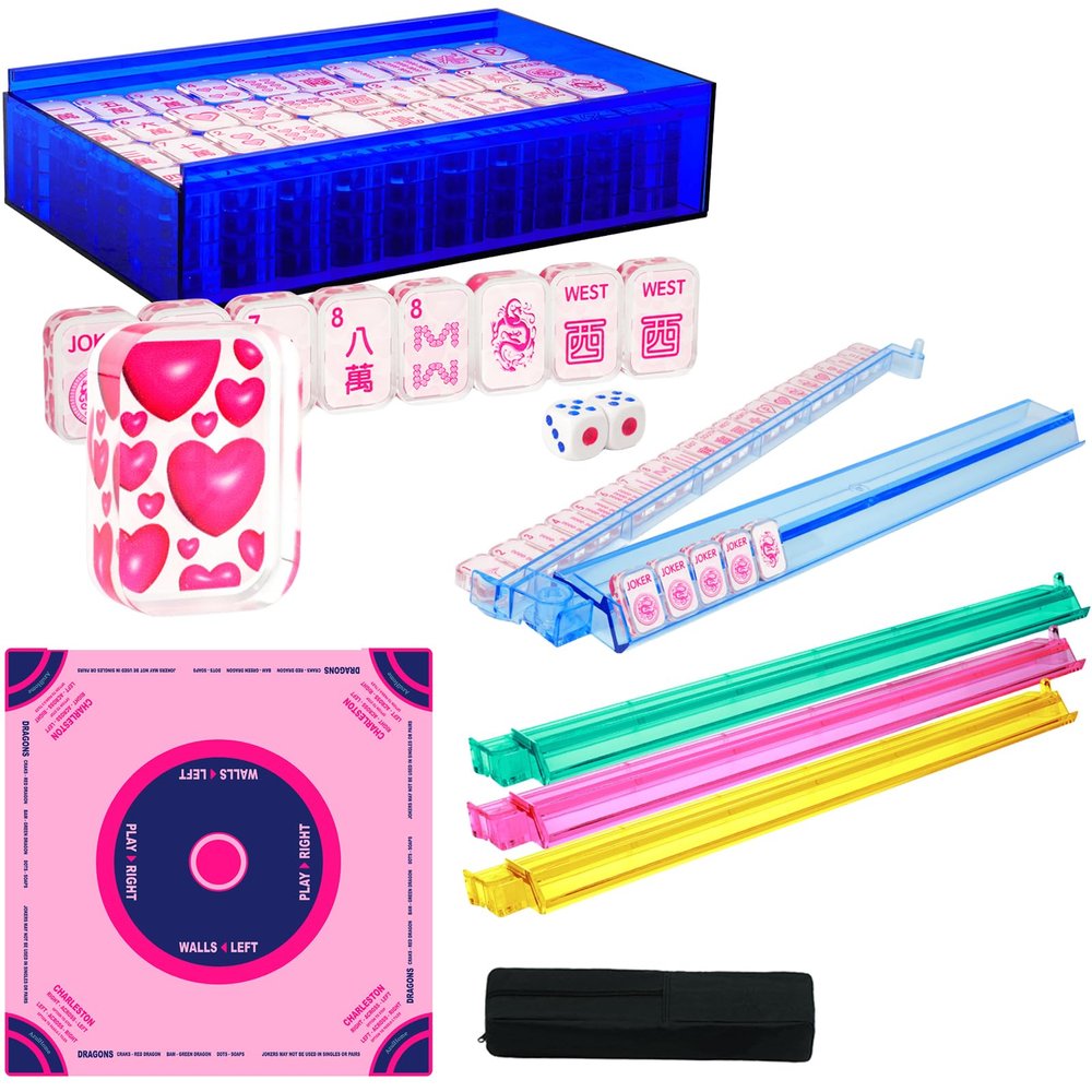 American Mahjong Game Set, 166 Premium Transparent Acrylic Pink Tiles(1.18'') with Mahjong Mat Set, 4 All-in-One Color Rack/Pushers, Mah-Jong Games Sets with Blue Storage Case, Ma Jong Tile Game