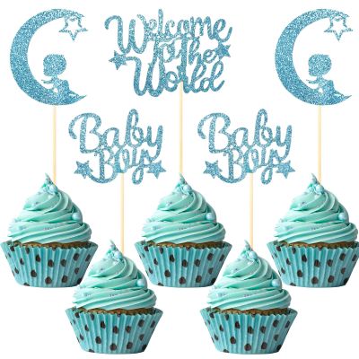 12PCS Blue Baby Boy Cupcake Toppers - Glitter Moon & Welcome to the World Set for Baby Showers & Gender Reveals