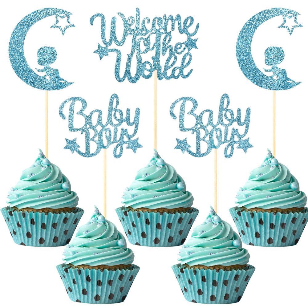12PCS Blue Baby Boy Cupcake Toppers - Glitter Moon & Welcome to the World Set for Baby Showers & Gender Reveals